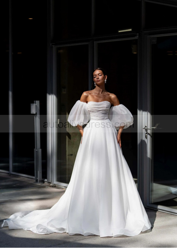 Strapless Beaded White Organza Wedding Dress With Detachable Puffy Sleeves